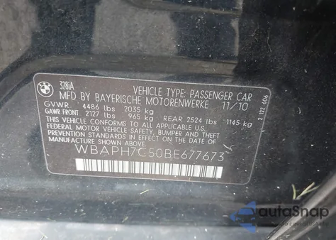 2011 BMW 328I из США, поврежденный, VIN WBAPH7C50BE677673